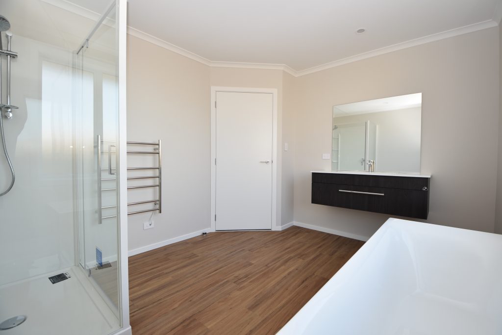 A freshly built bathroom in a new home